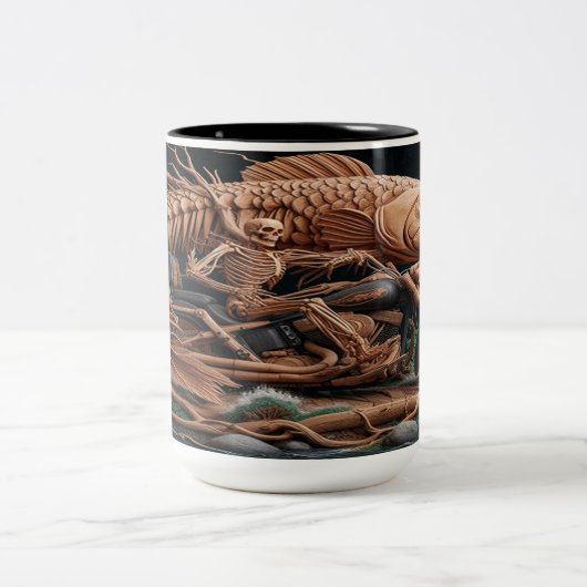 Skeleton reed zijn helikopterfiets over het pad tweekleurige koffiemok (Center)