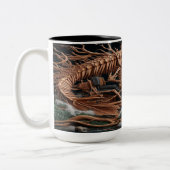 Skeleton reed zijn helikopterfiets over het pad tweekleurige koffiemok (Links)