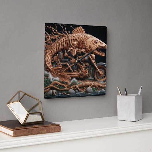 Skeleton reed zijn helikopterfiets over het pad vierkante klok (Kantoor)