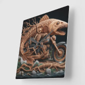 Skeleton reed zijn helikopterfiets over het pad vierkante klok (Hoek)