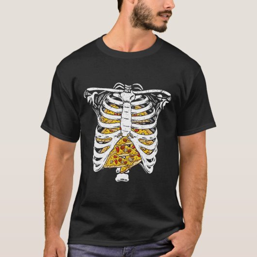 Skeleton rib kooi met pizza's Happy Halloween Day T-shirt (Voorkant)