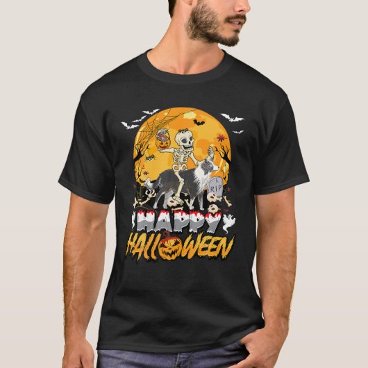 Skeleton Riding Border Collie Halloween Pumpkin Ki T-shirt (Voorkant)