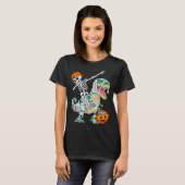 Skeleton Riding Dancing Dab Dinosaur T Rex Hallowe T-shirt (Voorkant volledig)