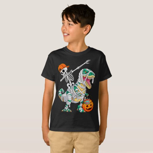 Skeleton Riding Dancing Dab Dinosaur T Rex Hallowe T-shirt (Voorkant volledig)
