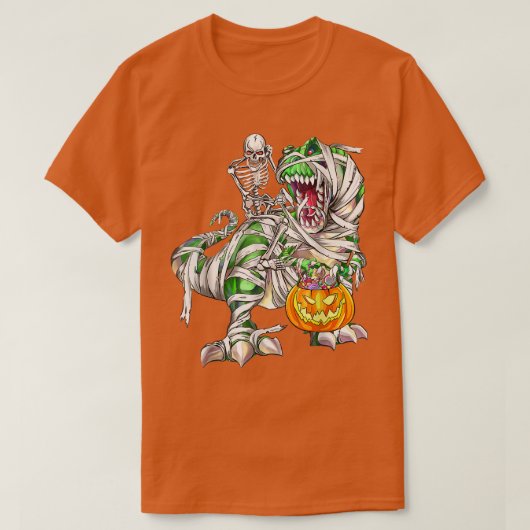 Skeleton Riding Dinosaur T re Mummy Scary Halowee T-shirt (Design voorkant)