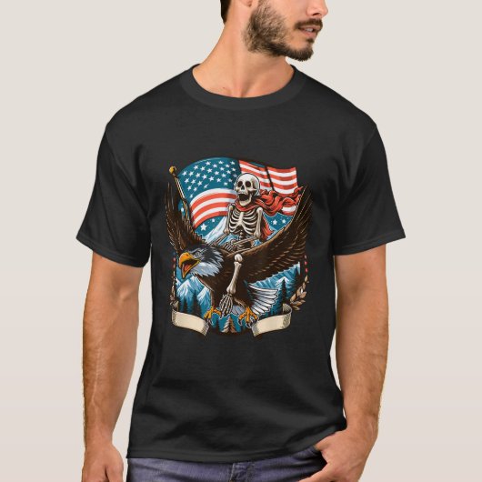 Skeleton Riding Eagle USA Amerikaanse 4th of July  T-shirt (Voorkant)