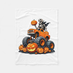 Skeleton Riding Monster Truck Halloween Pumpkin Ki Fleece Deken