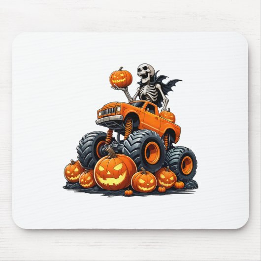 Skeleton Riding Monster Truck Halloween Pumpkin Ki Muismat (Voorkant)