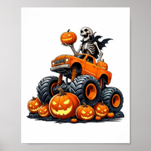 Skeleton Riding Monster Truck Halloween Pumpkin Ki Poster
