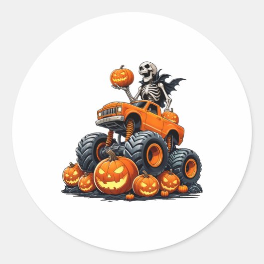 Skeleton Riding Monster Truck Halloween Pumpkin Ki Ronde Sticker (Voorkant)