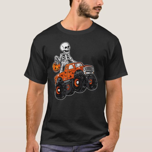 Skeleton Riding Monster Truck Lazy Halloween Costu T-shirt (Voorkant)