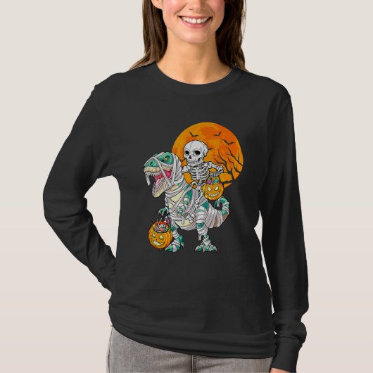 Skeleton Riding Mummy Dinosaur Rex Halloween Pump T-shirt (Voorkant)