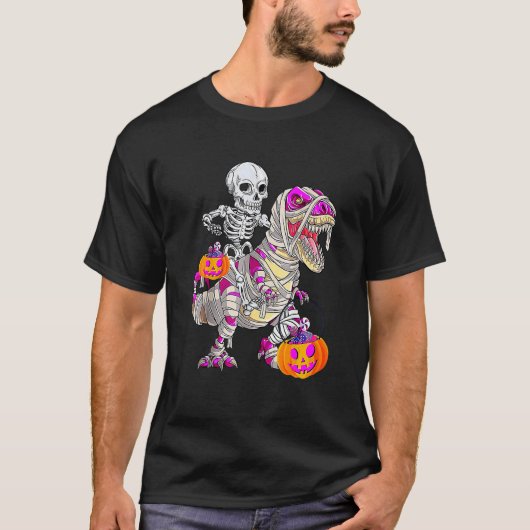 Skeleton Riding Mummy Dinosaur Rex Halloween  Pump T-shirt (Voorkant)