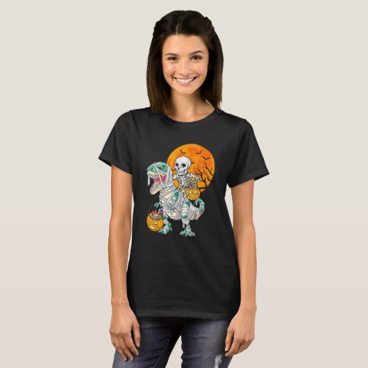 Skeleton Riding Mummy Dinosaur Rex Halloween  Pump T-shirt (Voorkant volledig)