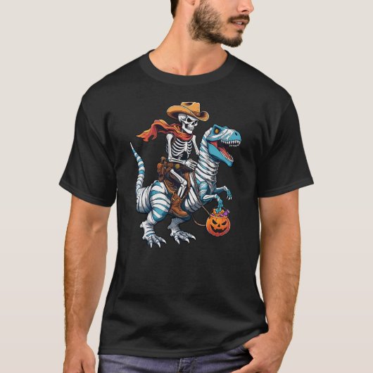 Skeleton Riding Mummy Dinosaur T-rex Funny Hallowe T-shirt (Voorkant)