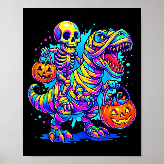 Skeleton Riding Mummy Dinosaur T Rex Halloween Fun Poster (Voorkant)