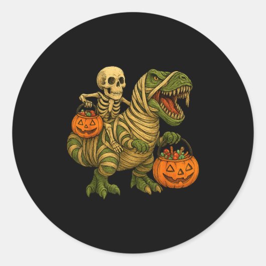 Skeleton Riding Mummy Dinosaur T Rex Halloween Fun Ronde Sticker (Voorkant)