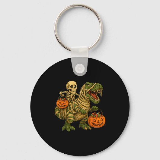 Skeleton Riding Mummy Dinosaur T Rex Halloween Fun Sleutelhanger (Voorkant)