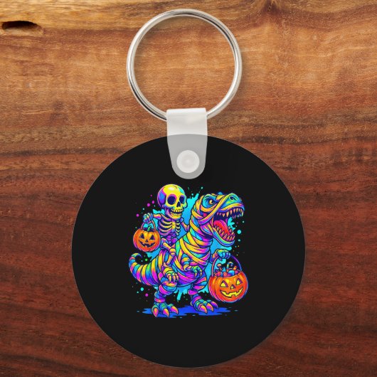 Skeleton Riding Mummy Dinosaur T Rex Halloween Fun Sleutelhanger (Voorkant)