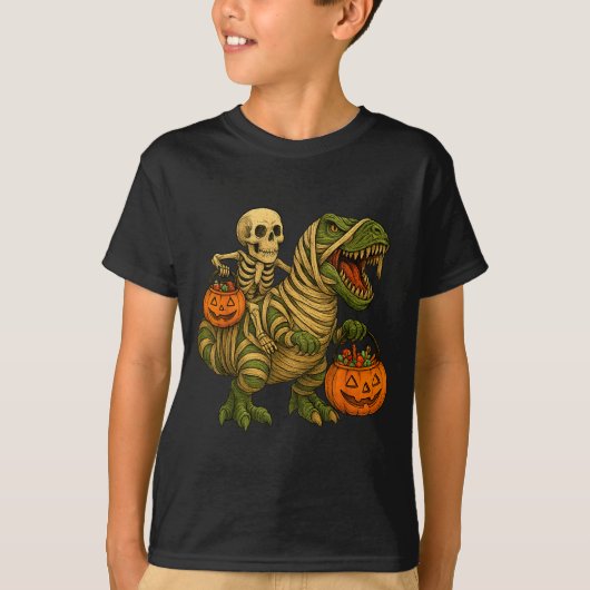Skeleton Riding Mummy Dinosaur T Rex Halloween Fun T-shirt (Voorkant)
