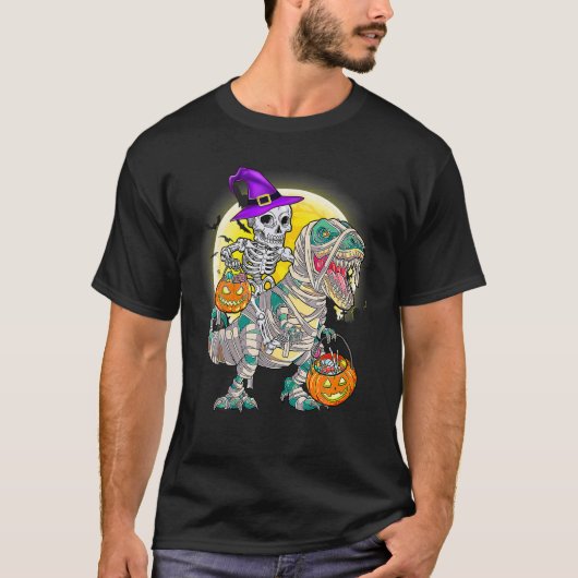 Skeleton Riding Mummy Dinosaur T Rex Halloween Fun T-shirt (Voorkant)