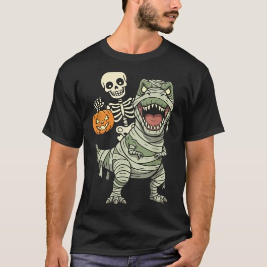 Skeleton Riding Mummy Dinosaur T Rex Halloween Fun T-shirt (Voorkant)