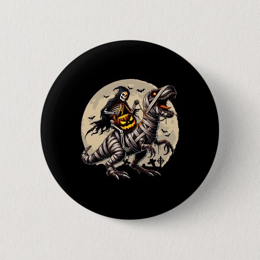 Skeleton Riding Mummy Dinosaur T Rex Pumpkin Funny Ronde Button 5,7 Cm (Voorkant)