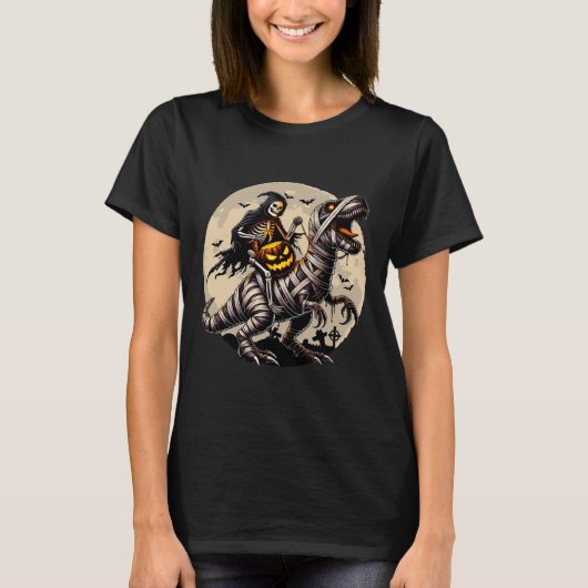 Skeleton Riding Mummy Dinosaur T Rex Pumpkin Funny T-shirt (Voorkant)
