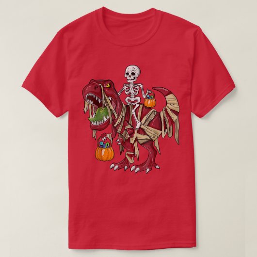 Skeleton Riding Mummy Dinosaur T Rex Pumpkin Funny T-shirt (Design voorkant)
