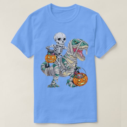 Skeleton Riding Mummy Dinosaur T rex Pumpkin Funny T-shirt (Design voorkant)