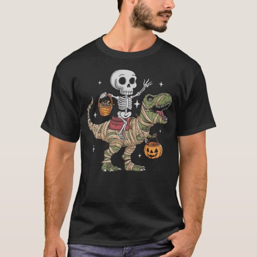 Skeleton Riding Mummy Dinosaur T Rex Pumpkin Happy T-shirt (Voorkant)
