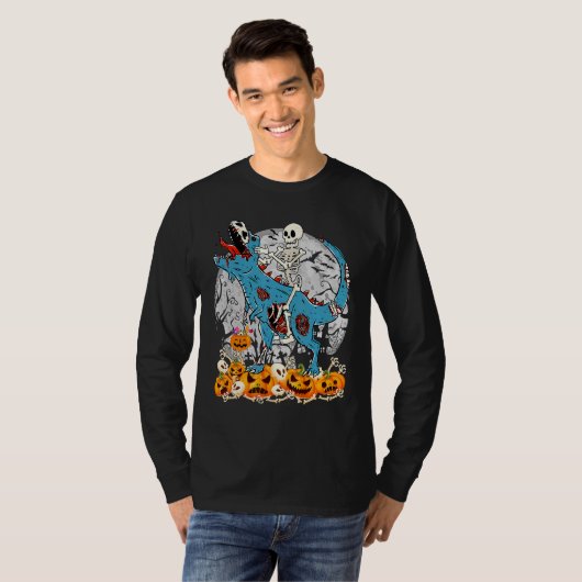 Skeleton Riding Mummy Dinosaur T rex Scary Hallowe T-shirt (Voorkant volledig)