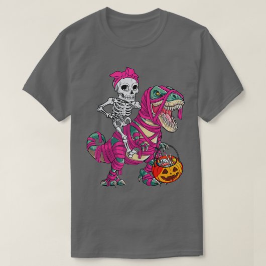 Skeleton Riding Mummy Dinosaur Tre Halloween Pumpk T-shirt (Design voorkant)