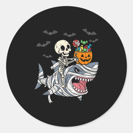 Skeleton Riding Mummy Shark Halloween Boys Toddler Ronde Sticker (Voorkant)