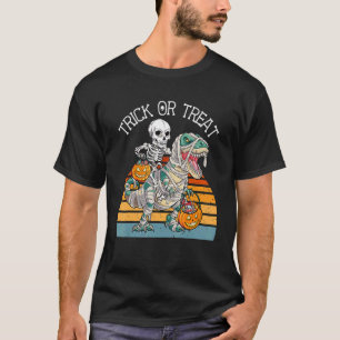 Skeleton Riding Rex Trick or treat Kind Love Dinos T-shirt