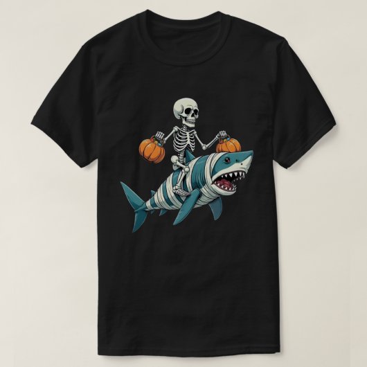 Skeleton Riding Shark Mummy Funny Halloween T-shirt (Design voorkant)