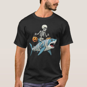 Skeleton Riding Shark Mummy Funny Halloween T-shirt