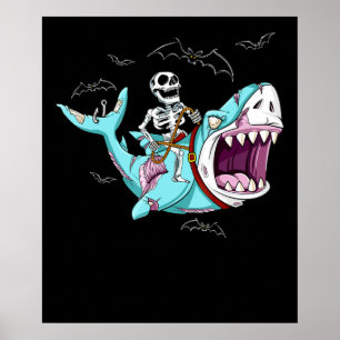 Skeleton Riding Zombie Shark Funny Halloween Gift Poster