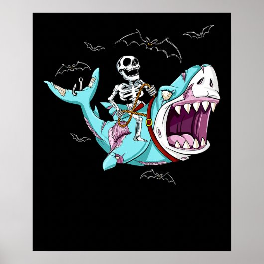 Skeleton Riding Zombie Shark Funny Halloween Gift Poster (Voorkant)