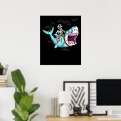 Skeleton Riding Zombie Shark Funny Halloween Gift Poster (Thuiskantoor)