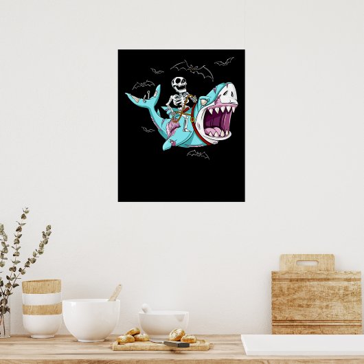 Skeleton Riding Zombie Shark Funny Halloween Gift Poster (Keuken)