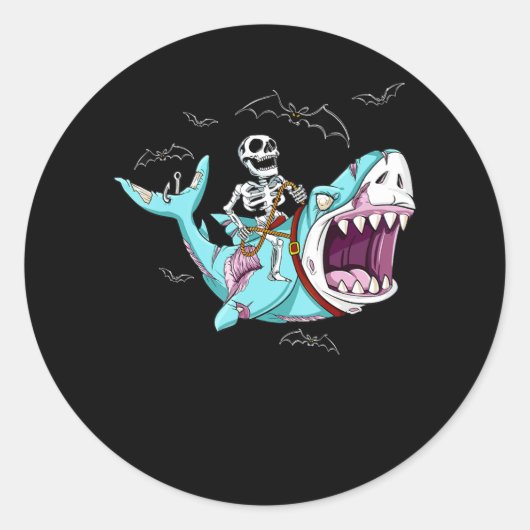 Skeleton Riding Zombie Shark Funny Halloween Gift Ronde Sticker (Voorkant)