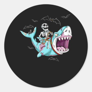 Skeleton Riding Zombie Shark Funny Halloween Gift Ronde Sticker