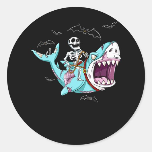 Skeleton Riding Zombie Shark Funny Halloween Gift Ronde Sticker (Voorkant)