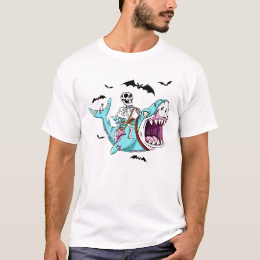 Skeleton Riding Zombie Shark Funny Halloween Gift T-shirt (Voorkant)