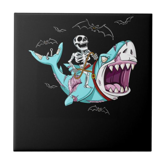 Skeleton Riding Zombie Shark Funny Halloween Gift Tegeltje (Voorkant)