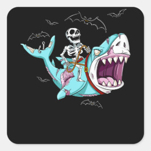 Skeleton Riding Zombie Shark Funny Halloween Gift Vierkante Sticker