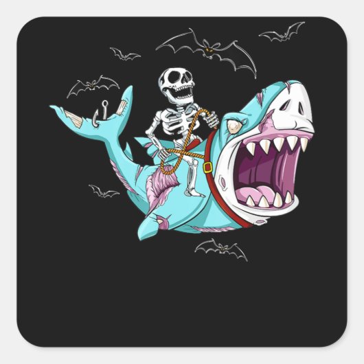 Skeleton Riding Zombie Shark Funny Halloween Gift Vierkante Sticker (Voorkant)