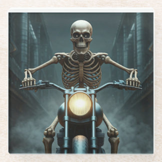 Skeleton rijden op een motorfiets glazen onderzetter