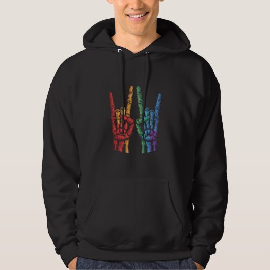 Skeleton Rock Hand LGBTQ Rainbow Flag Gay Pride Hoodie (Voorkant)